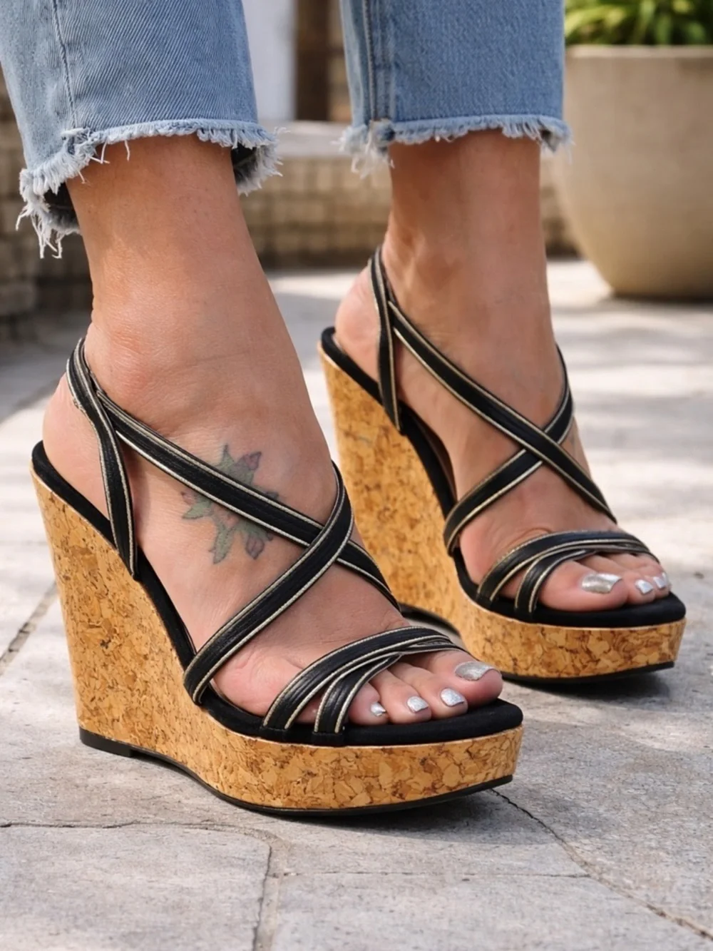 Valentino Garavani Black and Tan Wedge Sandals size 41 or us 8.5-9